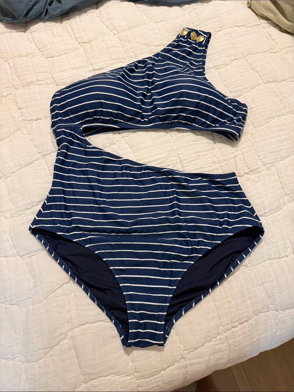 J. Crew Navy and White Striped One-Shoulder One-Piece